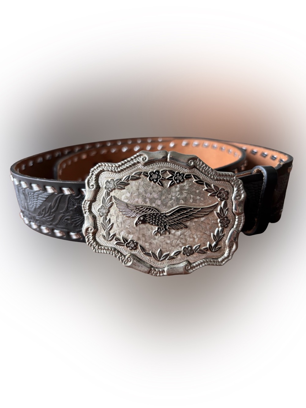 Vintage Custom Leather Canada Eagle Belt & Buckle Set Size 36 / 90